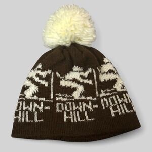 Vintage Toddler/Baby Down Hill Ski  Beanie Brown White‎  Chunky Knit Pom Pom Hat